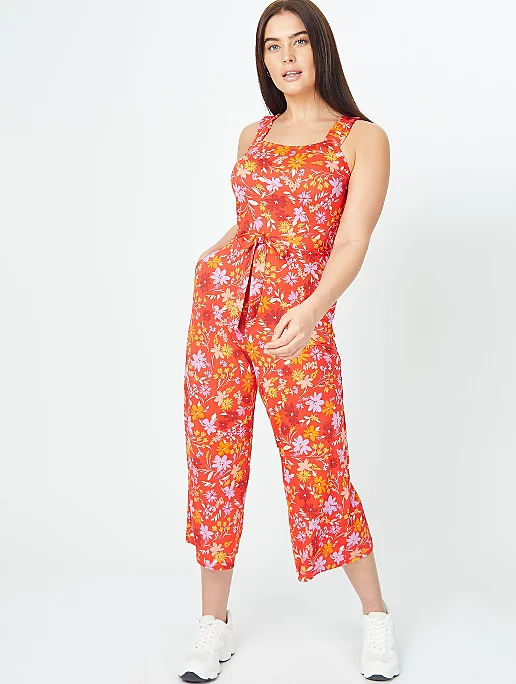 ASDA Red Retro Floral Print Cropped Jumpsuit