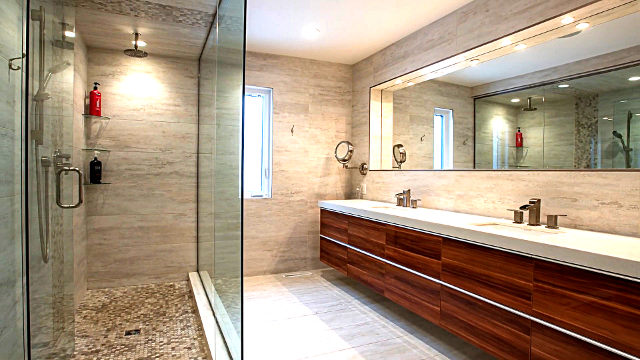 modern bathroom wood panelled vanity